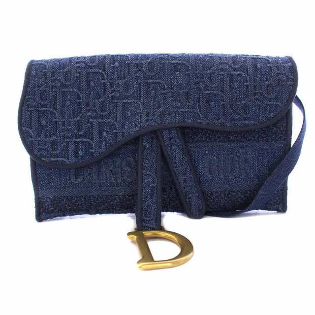 【中古】クリスチャンディオール オブリーク SLIM SADDLE POUCH ベルトバッグ ショルダーバッグ ゴールド金具 青