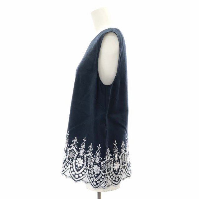 【中古】ルネ Rene 裾刺繍リネンブラウス シャツ ノースリーブ 34 S 紺 ネイビー /SY ■OS レディースの通販は