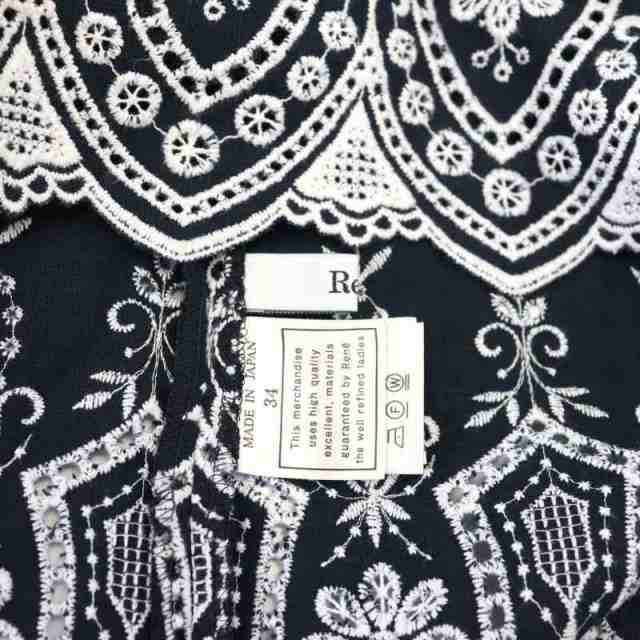 【中古】ルネ Rene 裾刺繍リネンブラウス シャツ ノースリーブ 34 S 紺 ネイビー /SY ■OS レディースの通販は