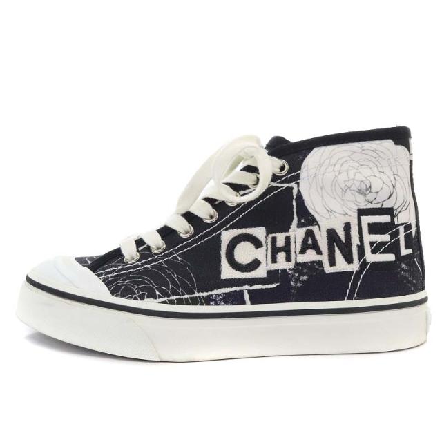 【中古】シャネル CHANEL 20P G35960 グラフィティ ミッドカット カメリア スニーカー キャンバス 35 22cm 黒 白の通販は