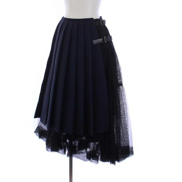 【中古】未使用品 プラダ プリーツスカート フレア ロング マキシ ベルト チュール シアー シースルー 36 XS 紺 黒