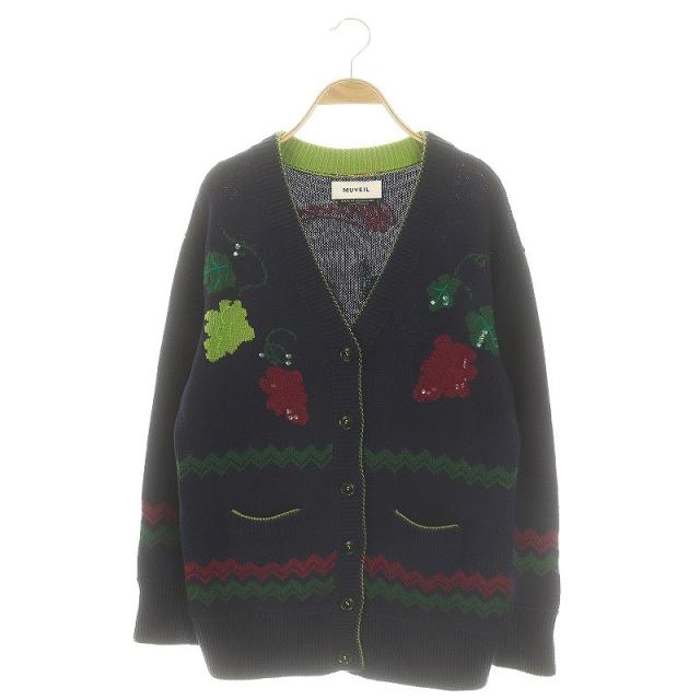 【中古】ミュベール ネコモチーフカーディガン ニット 長袖 Vネック スパンコール 38 紺 マルチカラー レディースの通販は 10,500円