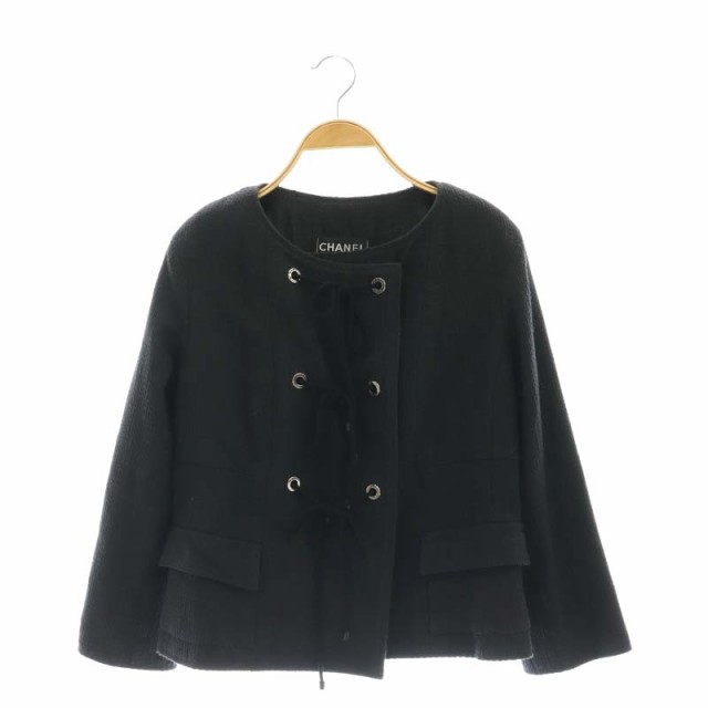 【中古】シャネル CHANEL 07C ツイードジャケット ノーカラー 総裏地 38 黒 ブラック /MF ■OS レディースの通販は