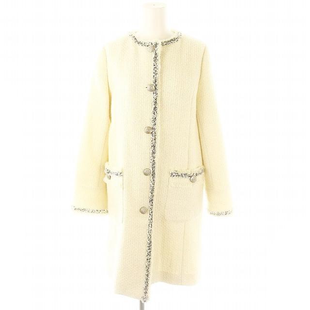 【中古】アプワイザーリッシェ ツイードフリンジコート ノーカラーコート スプリングコート 1 オフホワイト 黒の通販は 10,300円