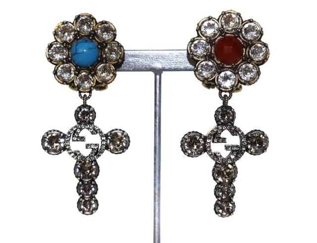 【中古】グッチ GUCCI 21年 イヤリング フラワー クロス クリスタル シルバー色 /YO23 ■OH レディースの通販は