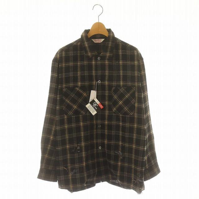 【中古】未使用品 ダンリバー 24AW FRAMeWORK別注 worn out check シャツ 長袖 ダメージ加工 F 黒 ブラック ベージュの通販は 6,200円