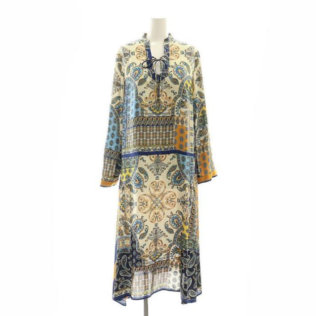 【中古】グレースコンチネンタル 23SS スカーフペイズリープリントワンピース ロング 長袖 38 ブルー ベージュの通販は 12,994円