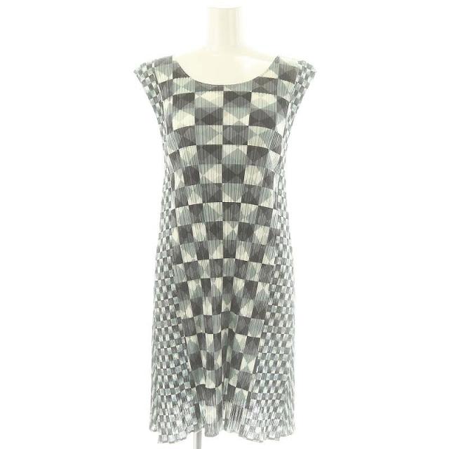 【中古】プリーツプリーズ イッセイミヤケ 総柄 ノースリーブ ワンピース ミニ プリーツ 3 グレー 白 緑 レディースの通販は 22,800円