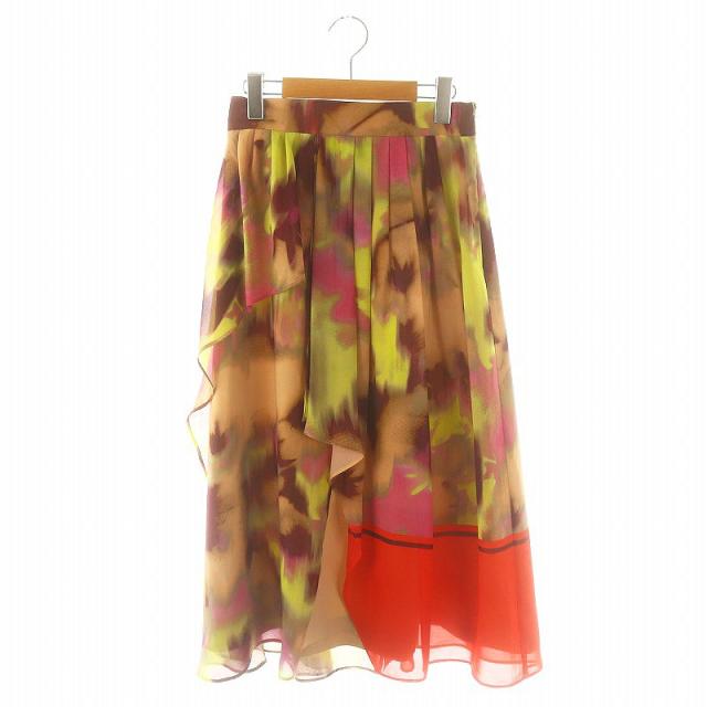 【中古】アドーア ADORE 24AW スマッジフラワープリントスカート フレア ロング 36 ベージュ ? ボルドー /HK ■OSの通販は