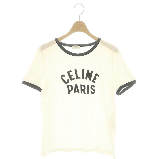 【中古】セリーヌ ロゴリンガーTシャツ カットソー 半袖 パイピング M 白 紺 ホワイト 2X855501F レディースの通販は