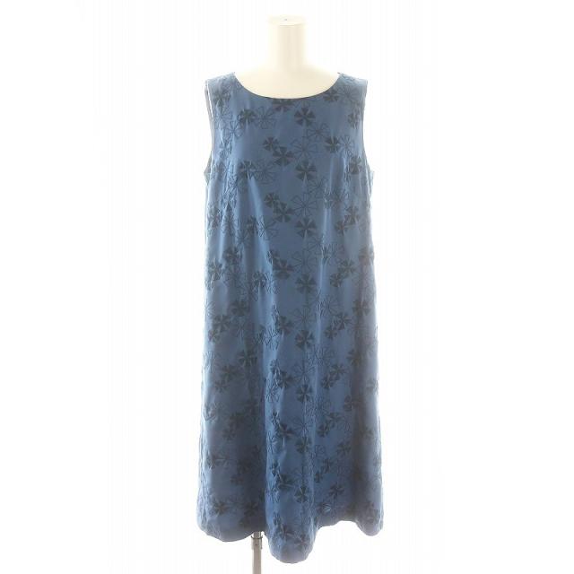 【中古】ホコモモラデシビラ FLOR emb 刺繍Aラインワンピース ロング丈 マキシ丈 ノースリーブ 42 XL 青 ブルーの通販は 5,400円