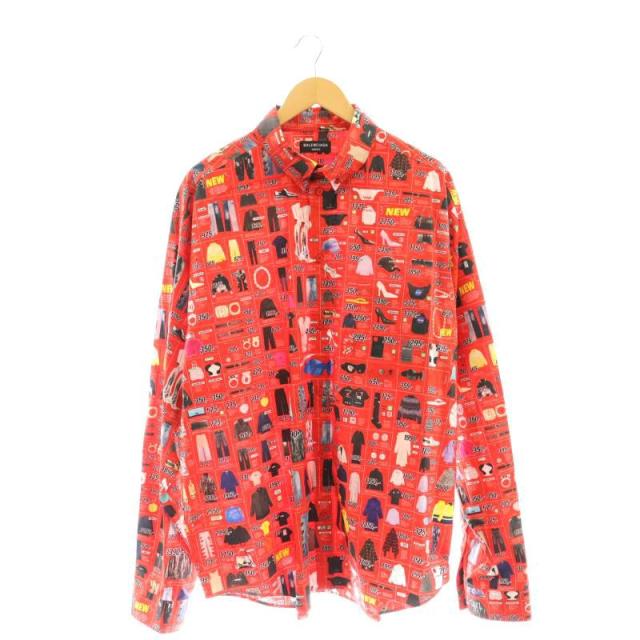 【中古】BALENCIAGA ボタンダウン カジュアルシャツ 長袖 総柄プリント オーバーサイズ 40 L 赤 レッド 662983 の通販は 44,800円