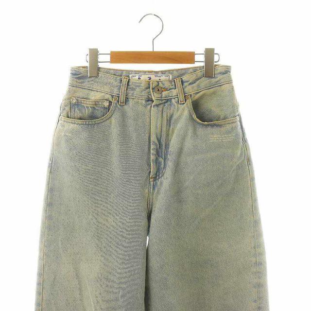 【中古】オフホワイト デニムパンツ ジーンズ テーパード ジッパーフライ ダメージ加工 27 ライトブルーの通販は