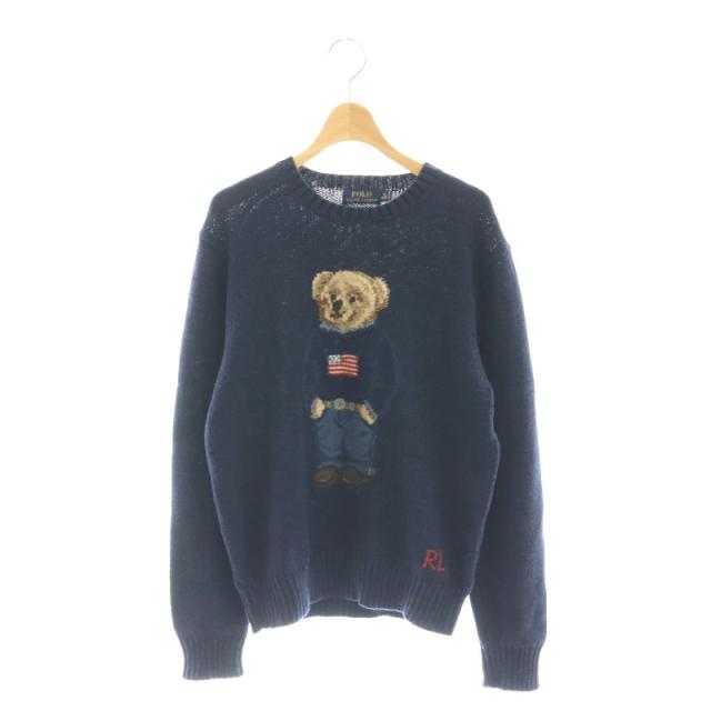 【中古】ポロ ラルフローレン ポロベア コットンリネン 星条旗 ニット プルオーバー セーター 長袖 M 紺 ネイビーの通販は