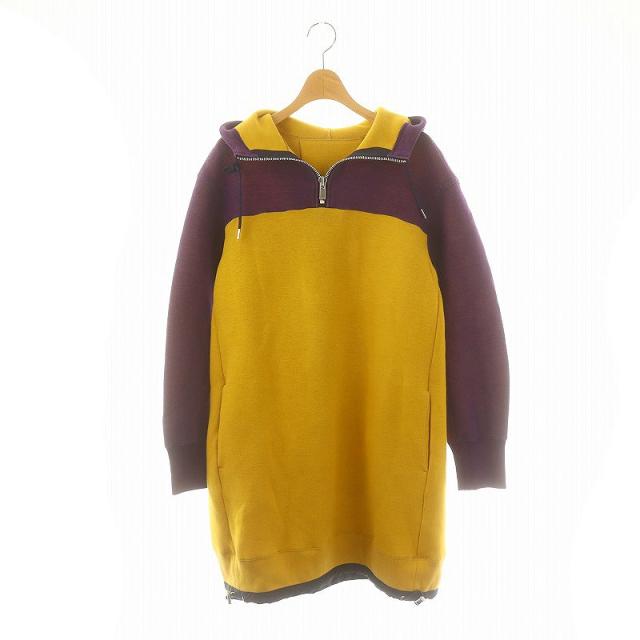 【中古】サカイ カラーブロックスウェット地プルオーバーワンピース 膝丈 長袖 フード 2 紫 黄色 ■SH レディース