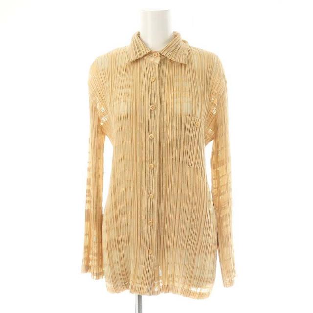 【中古】イッセイミヤケ ISSEY MIYAKE シアー総柄プリーツシャツ 長袖 前開き M ベージュ /DO ■OS レディースの通販は