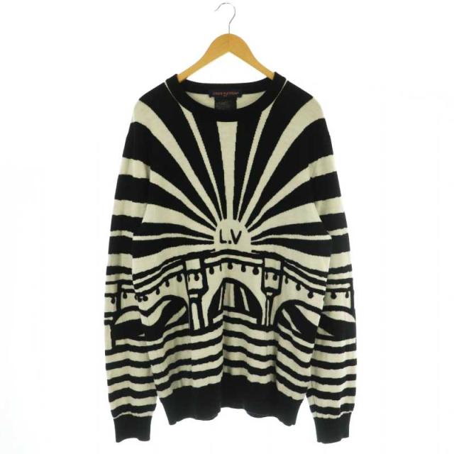 【中古】ルイヴィトン LOUIS VUITTON ロゴ長袖ニット セーター 長袖 ウール 4L 白 黒 ホワイト ブラック