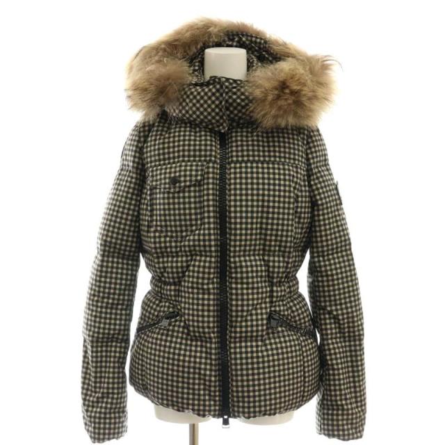 【中古】コーチ 85130リアルファーフーデットダウンジャケット ラクーンファー チェック XS ベージュ 黒 レディース