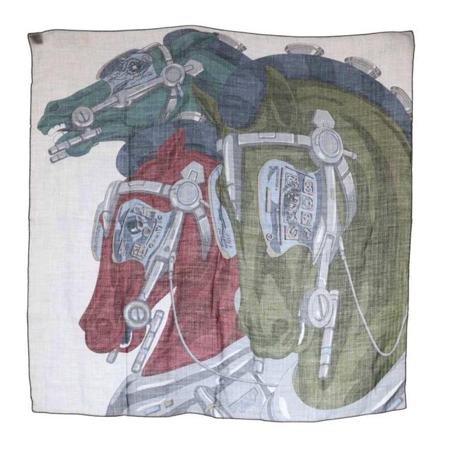 【中古】エルメス HERMES カレH100 HORSE REALITY カシミヤスカーフ 馬柄 総柄 カーキ 赤 レッド マルチカラー