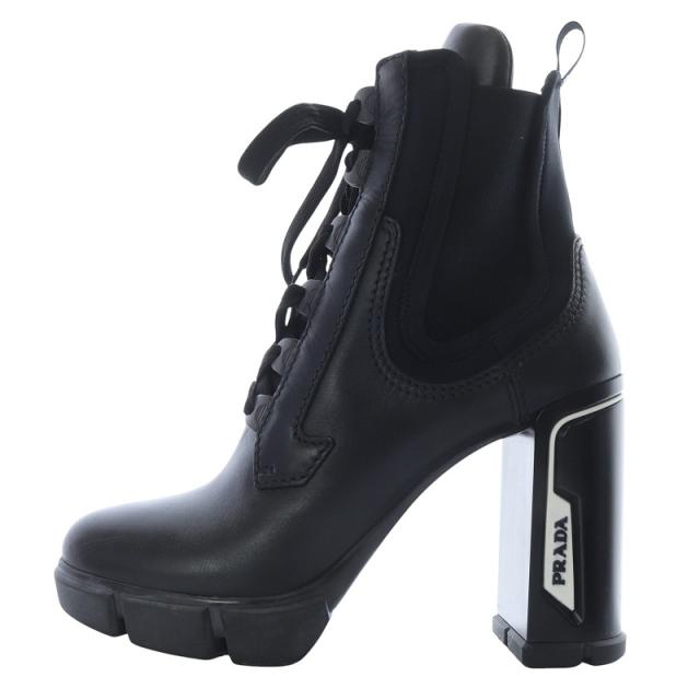 美品 PRADA ヒールブーツ 36 1/2 サイドジップ ショート 軽量 黒 PRADA ヒールブーツ 36 1/2 サイドジップ ショート 軽量 黒