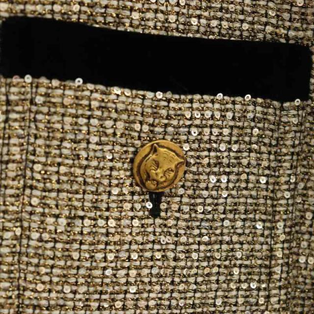 【中古】グッチ 545458 スパンコールツイードノーカラージャケット ラメ 44 ライトベージュ ブラック レディース 中古】グッチ 545458 スパンコールツイードノーカラージャケット ラメ