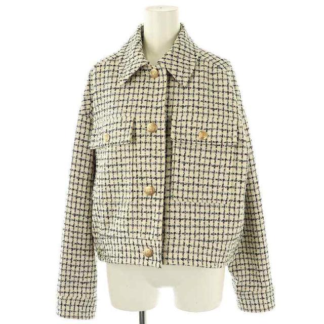 【中古】グレースコンチネンタル 25SSチェックツイードブルゾン ジャケット ステンカラー 36 黒 オフホワイト