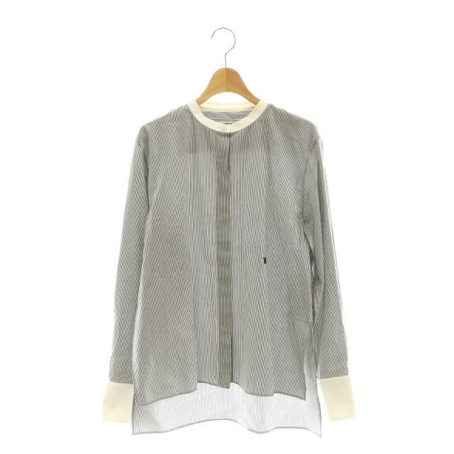 【中古】フェンディ FS7482 ADA6 カリグラフィロゴ刺繍 ストライプシャツ バンドカラー IT42 グレー 白 レディース