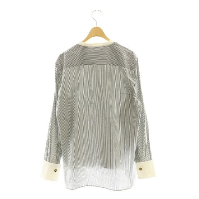 【中古】フェンディ FS7482 ADA6 カリグラフィロゴ刺繍 ストライプシャツ バンドカラー IT42 グレー 白 レディース 中古】フェンディ FS7482 ADA6 カリグラフィロゴ刺繍 ストライプシャツ