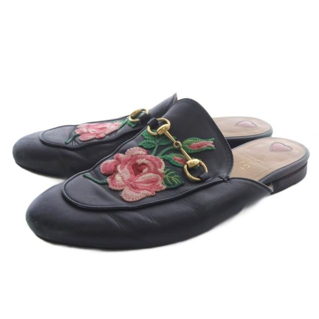 【中古】グッチ GUCCI ビットフラワー刺繍 サンダル ミュール 39.5 黒 ブラック /SR22 レディース
