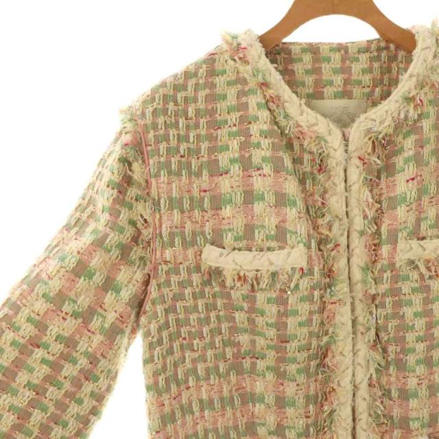 ノーカラーツイードジャケット ピンクグリーン FOXEY ノーカラー