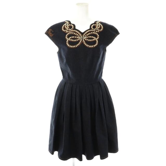 【中古】フェンディ FENDI フェイクパール装飾 デニムワンピース Vネック 38 インディゴ FLD505 /CX ■OS レディース