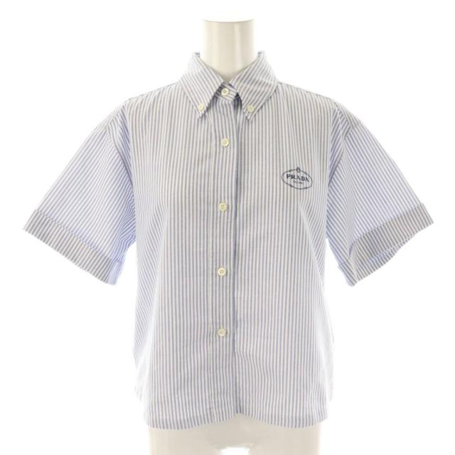 【中古】プラダ PRADA 23SS ストライプハーフスリーブシャツ ボタンダウン 38 ブルー P459GR /HK ■OS ■SH