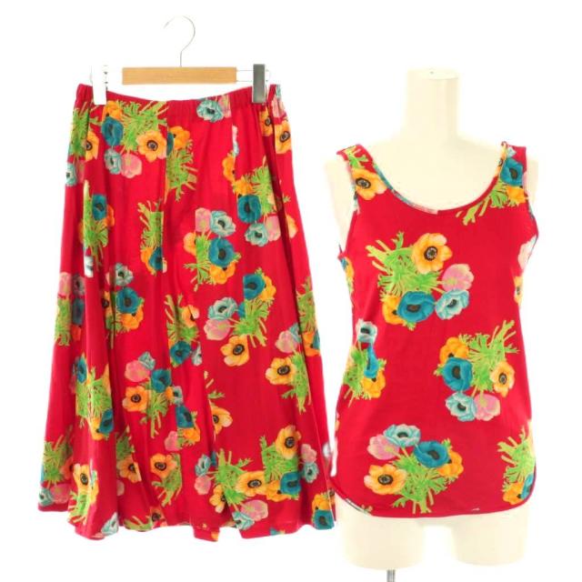 【中古】ケンゾー vintage エルカ期 フラワーノースリーブトップス×スカート セットアップ タンクトップ フレア M 赤