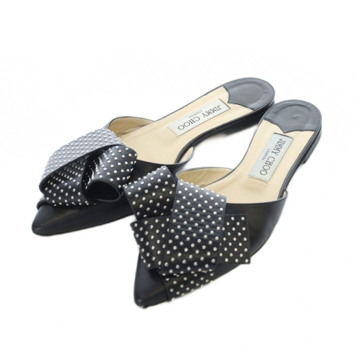 【中古】ジミーチュウ ミュール サンダル フラット ポインテッドトゥ レザー 本革 リボン スタッズ 37.5 24.5cm 黒