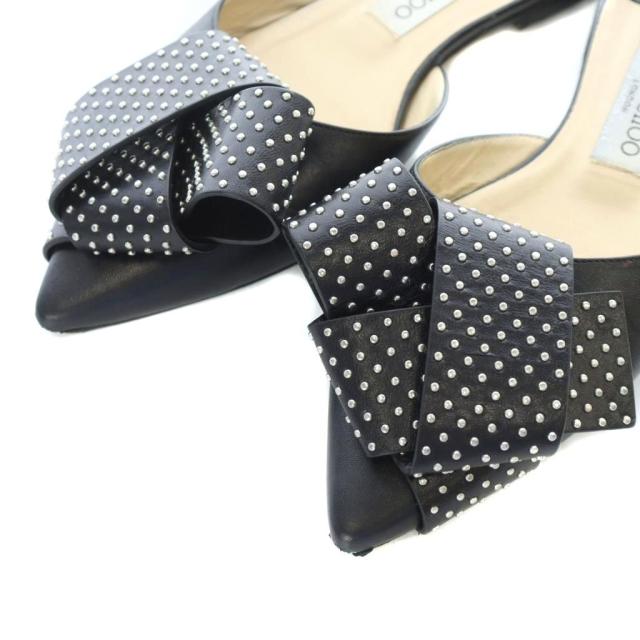 【中古】ジミーチュウ ミュール サンダル フラット ポインテッドトゥ レザー 本革 リボン スタッズ 37.5 24.5cm 黒