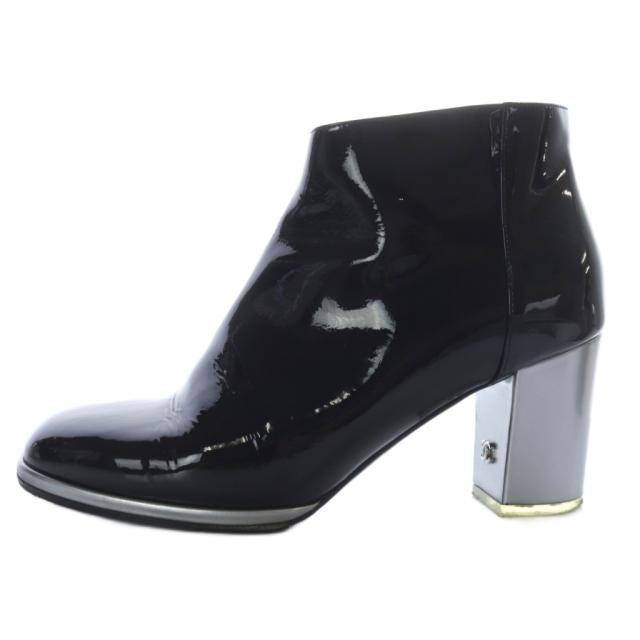【中古】シャネル CHANEL ブーティ ブーツ ショート ハイヒール ココマーク パテントレザー 37.5C ブラック G30263