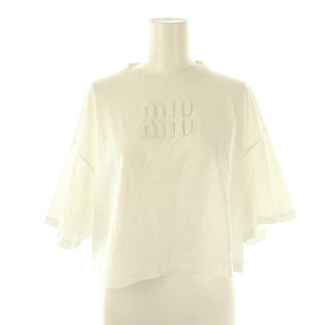 【中古】ミュウミュウ miumiu 23AW エンボスロゴ入り コットンジャージー Tシャツ カットソー 半袖 S ホワイト MJN385
