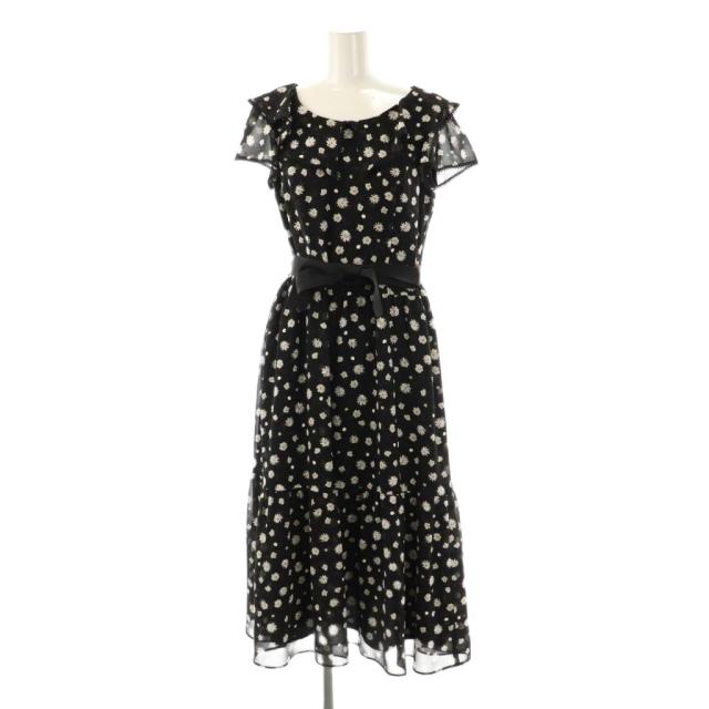 【中古】未使用品 エムズグレイシー 23年製 ブラック フラワーモチーフ シフォン ワンピース ミモレ ロング 36 黒