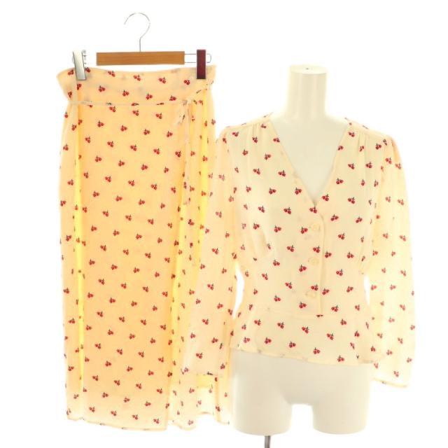 【中古】ルージュ Rouge チェリー柄 ブラウス ラップスカート セットアップ 36 38 アイボリー レッド 赤 ブラック 黒