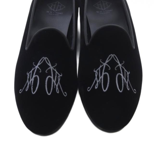 【中古】ダブルエイチ w+h 福島モデル ベルベット ルームシューズ 7.5 25.5cm 黒 TWH-0001 /SR ■SH メンズ