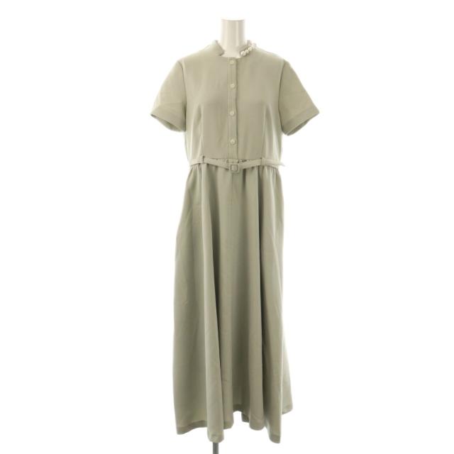 【中古】ヒューデイトゥーイブニング フェイクパール 半袖 ベルテッドワンピース ロング 38 グレー