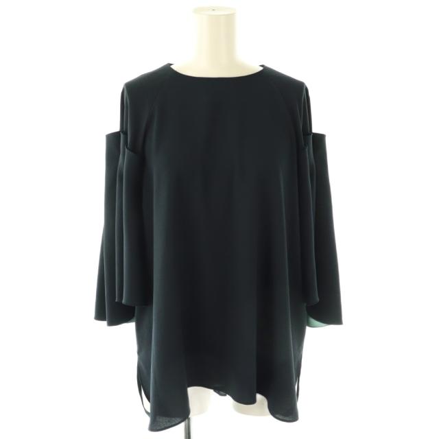 【中古】アドーア ADORE 24AW バイカラーボンディングブラウス 七分袖 38 紺 ネイビー 緑 グリーン