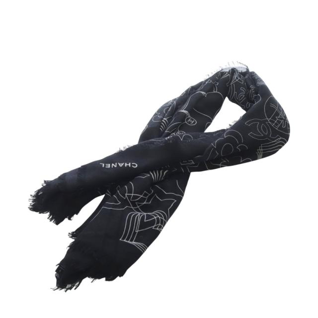 【中古】シャネル CHANEL 24C ストール カシミヤ シルク混 ココマーク 総柄 ロゴ フリンジ 黒 ブラック 白
