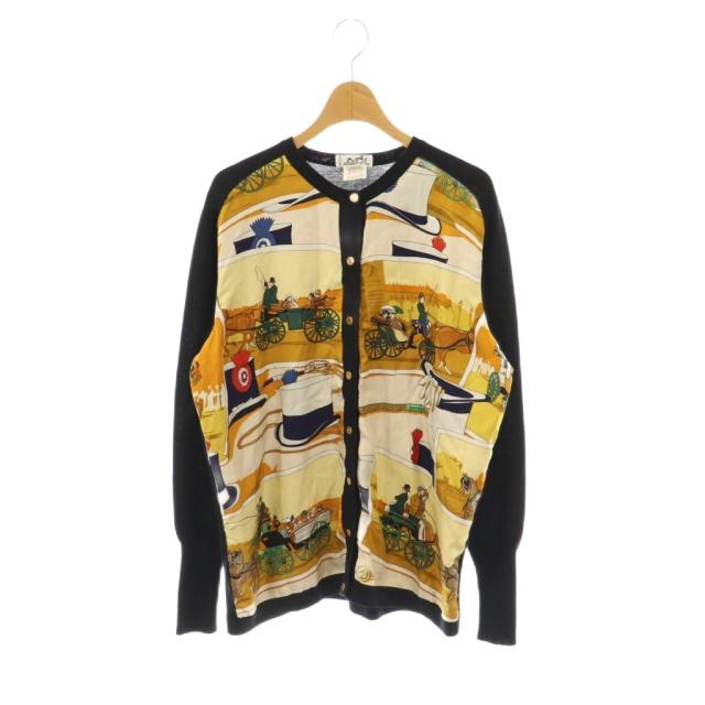 【中古】エルメス HERMES セリエボタン スカーフ柄 カーディガン ニット 長袖 ウール シルク 38 黒 マルチカラー