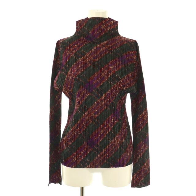 【中古】プリーツプリーズ PLEATS PLEASE イッセイミヤケ チェック柄プリーツハイネックカットソー 長袖 3