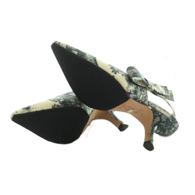 【中古】クリスチャンディオール toile de jouy パンプス 総柄 リボン ストラップ 35 22.0cm アイボリー グレー