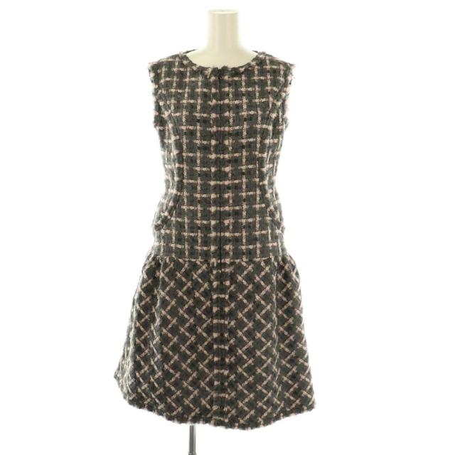 【中古】ルネ Rene フロントジップ ツイードワンピース ×TISSUE 36 グレー ピンク チェック柄 /CX ■OS レディース