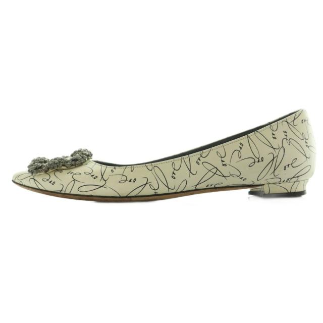 【中古】マノロブラニク LOVE SCRIPT HANGISI フラットパンプス ポインテッドトゥ ラインストーン 36.5 23.5cm 白 黒