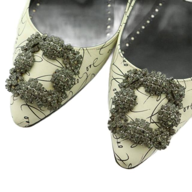 【中古】マノロブラニク LOVE SCRIPT HANGISI フラットパンプス ポインテッドトゥ ラインストーン 36.5 23.5cm 白 黒