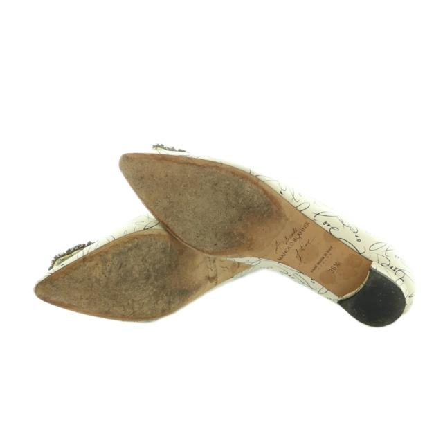 【中古】マノロブラニク LOVE SCRIPT HANGISI フラットパンプス ポインテッドトゥ ラインストーン 36.5 23.5cm 白 黒